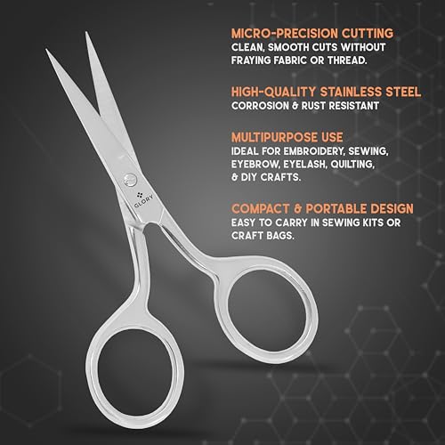 GLORY Small Precision Embroidery Scissors 3.75 Inch Sharp Pointed Tip Stainless Steel Shears for Sewing, Crafting & Needlework, Professional Grooming Scissors for Eyebrows, Eyelash & Facial Hair