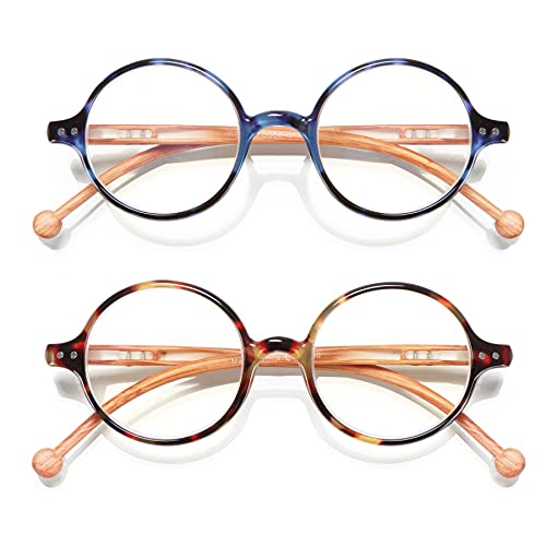 Round Reading Glasses for Women Men Blue Light Blocking Circular Readers Unisex Ultra Lightweight Circle Eyeglasses - color: Wood-brown Tortoise+blue Tortoise