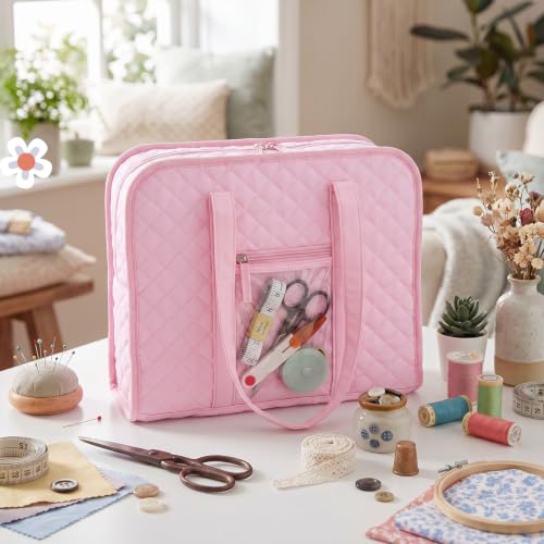 Abbylike Sewing Embroidery 8 Compartments Bag, Pink - style: Pink