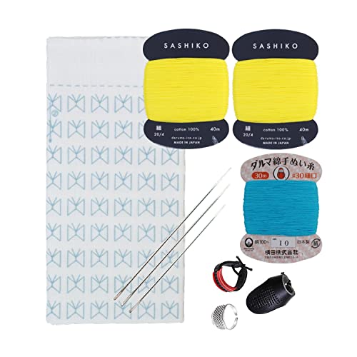 Daruma Hitomezashi Sashiko Kit – Premium Japanese Made Needle and Thread Kit with Sashiko Fukin, Thread, Needles, Thimble – Ready to Use Set (Butterfly) - color: Butterfly