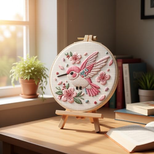 JJFox Embroidery Kit for Beginners and Adults, DIY Hand Embroidery Starter Kit with Cute Pattern, Cross Stitch Needlepoint Set with Hoop, Threads and Instructions (Hummingbird) - color: Hummingbird