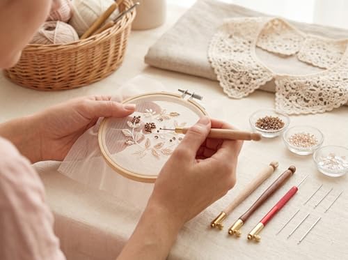 Stainless Steel Tambour Hooks 3Pcs - Wood Handle Embroidery Crochet Hooks Punch Needle with 9 Needles French Tambour Beading Sequins Sewing Craft Tool