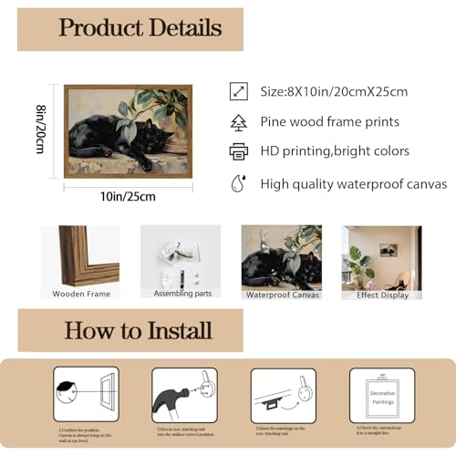 Framed Black Cat Canvas Wall Art, Vintage Sleeping Cat with Plant Picture Wall Decor Paintings, Cute Animal Poster Prints Rustic Aesthetic Home Decor for Living room Bedroom Bathroom 8x10 inch - color: Black Cat, size: 10"L x 8"W