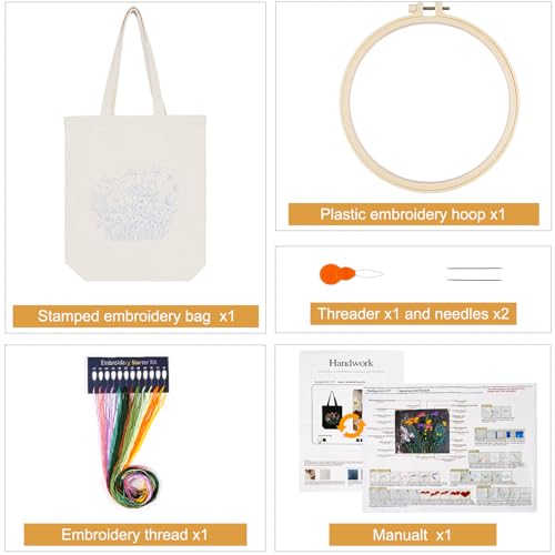 Embroidery Kit Canvas Tote Bag, Hand Embroidery Kit with Floral Pattern for Beginners, Cross Stitch Kits for Adults, Arts and DIY Crafts Kits, Embroidery Starter kit with Embroidery Bag and Tools - color: Beige Multi
