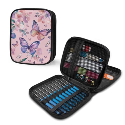 Kathyboom Butterfly Flower Empty Crochet Hook Case Portable Crochet Hook Organizer Case Stand Up-Corchet Organizer - Crochet Hook Holder for Crochet Needles, Crochet Accessories - color: Butterfly Flower2