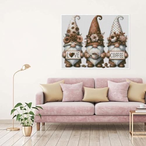 Stamping Cross Stitch Kit Gnome and Flowers, Counting Cross Stitch Kit for Adult Beginners Coffee, Full Line DIY Cross Stitch Stitching Kit for Home Decor Cross Stitch Patterns 15.7x11.8inches - color: D023