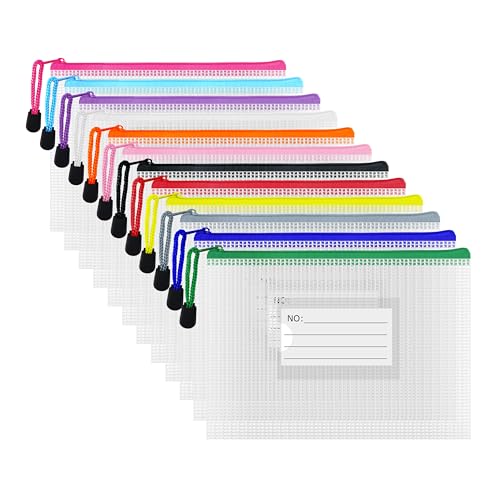 Plastic Mesh Zipper Pouch, 12Pcs Zipper File Bags with Label Pocket, Game Boards Storage Bags, Waterproof Document Storage Bags for Office Home Travel (B6 Size 7.6x5.3 in) - size: B6 Size 7.6x5.3 in