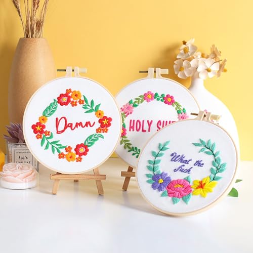 Louise Maelys 3 Pack Floral Quote Embroidery Kit for Beginners Craft - color: funny flowers