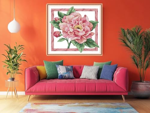 Stamped Cross Stitch Kits - Colorful Printed Cross Stitch Kits for Adults Beginners,Embroidery Kits Printed Stitching Patterns Needlepoint Art Crafts for Home Deco - Pink Flowers 12.9×13.2 in - color: 11CT:12.9×13.2 inch