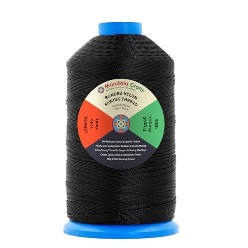 Mandala Crafts Size 92 280D T90 Black Bonded Nylon Thread, 1100 YDs - color: Black, size: T90 #92 280D/3 1100 Yards