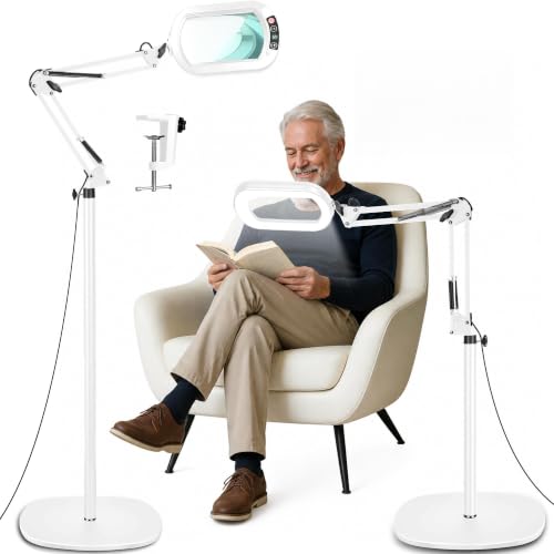 IVMAIE 12X Magnifying Glass with Light and Stand, Real Glass Lens, 5 Color Modes LED Dimmable Lighted, 3-in-1 Floor Lamp with Clamp, Hands Free Magnifier for Reading, Sewing Painting Close Work, White - color: White