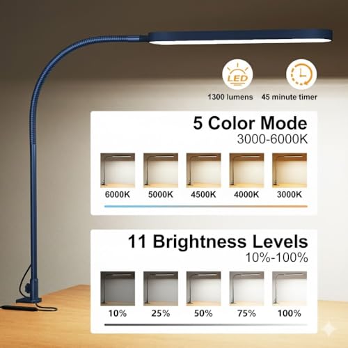 SKYLEO LED Desk Lamp - Desk Light for Home Office - Flexible Gooseneck - 5 Color Modes X 11 Brightness Levels - 1300LM - Timmer & Memory Function - 12W Clip on Light - Blue - style: Blue gooseneck