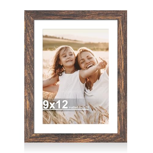 Hongkee 9x12 Picture Frame with Real Glass, Wood Frame, 1 Pack (Mat 7x10) - color: Rustic Brown, size: 9X12 in