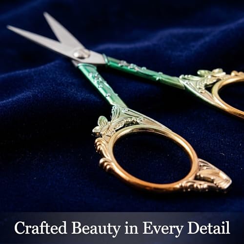 Crochet Scissors with Cover – Green Gold Vintage Small Embroidery Scissors, Sharp Craft Scissors for Yarn Thread Sewing Needlework, Cute Butterfly Design Gift for Crocheter Quilter, 4.6 Inch - color: Green Rose Gold