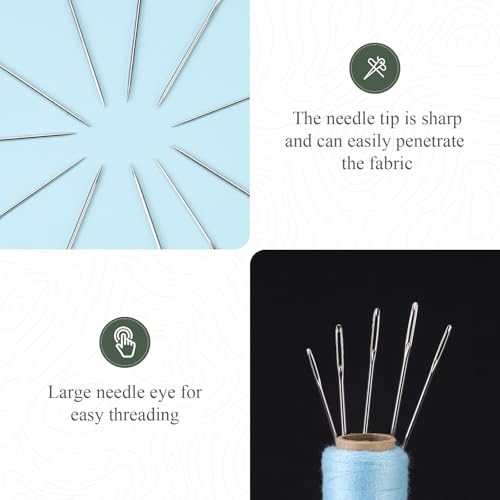 60 Pcs Large Eye Hand Sewing Needles Set, 5 Sizes High-Carbon Steel Needles for Mending, Embroidery, Quilting, Crafts, Denim & Light Leather Repair, Nickel-Plated, Aluminum Storage Tube