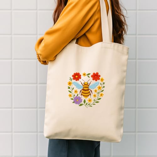 ORIGACH 4 Sheets Water Soluble Embroidery Patterns Stabilizers - Pre-Printed Bee & Flower Designs - Stick and Stitch Embroidery Paper Hand Sewing Stabilizers for Embroidery Beginners - color: Bee & Flower