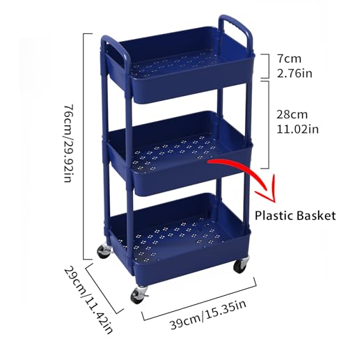 Sywhitta 3-Tier Plastic Rolling Utility Cart with Wheels for Storage,Blue - color: Blue, size: 3-tier