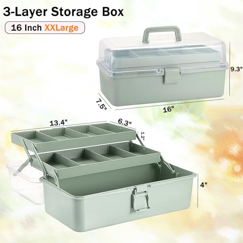 Tackle Box, 16-Inch Extra Large Art Storage Box with 3-Layer Folding Trays - color: Green