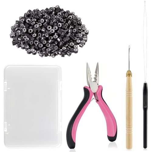 JIAMEISI Hair Extension Tool Kit, 500 Micro Rings Brown - color: Brown