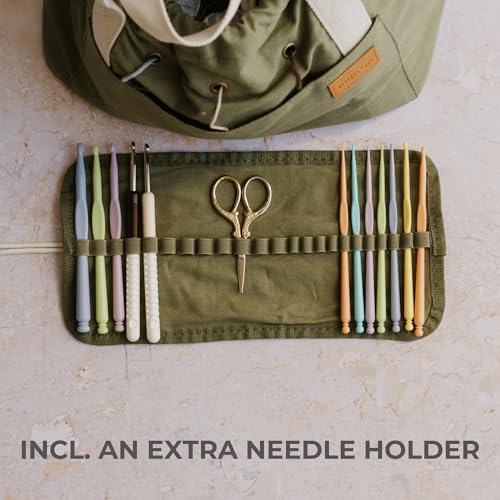 Stylish Crochet Bag Organizer for Yarn - Durable Canvas with 8 Pockets - color: Sage