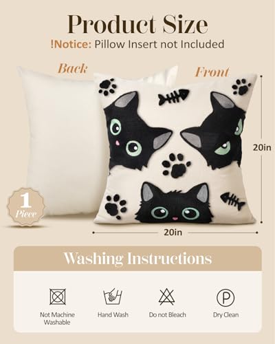 Embroidered Throw Pillow Cover 20x20 Inch, Cat Bone - color: Cat Bone, size: 20" x 20" (Pack of 1)