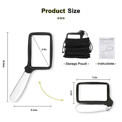 3X Folding Magnifying Glass with Light, Retancular Lighted Magnifier with 5 LED Lights, Handhold Page Magnify Lens Seniors Gift for Reading Books, Coins, Maps, Inspection, Exploring -Black - style: Folding Black