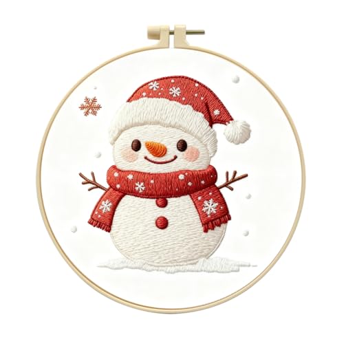 Zhenqing Snowman Embroidery Kit for Beginners, Christmas Winter Needlework Kit with Pre-Printed Cotton Fabric, 20cm Hoop, Threads & Tools (C0146) - style: Christmas Snowman
