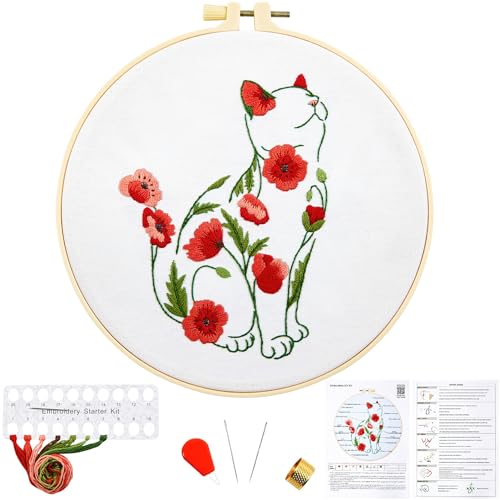 Crafmanoe Cat Embroidery Kits for Beginners Adults, Flowers Embroidery Starter Kits, Counted Cross Stitch Kits for Beginners Adults Hobbies Set for Women, Embroidery Hoops, Thread and Video Tutorial - color: H2026