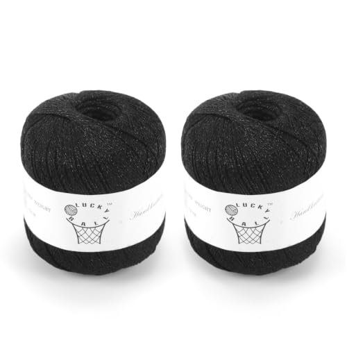 2PCS Metallic Crochet Thread,Yarn for Crocheting,Metallic Thread Round Band Yarn,Lurex Yarn with Metallic Shine, Sparkle Metallic Yarn for Clothes, Car Charm, Keychain Charm 80g Black - color: Black