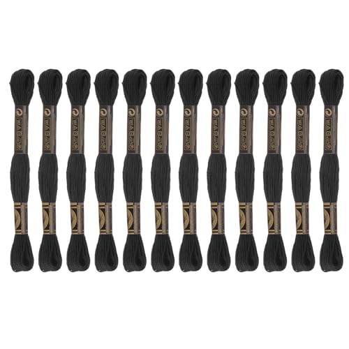 HARFINGTON 12 Skeins Embroidery Floss 8m Each Egyptian Long Fiber Cotton Cross Stitch Thread 26S/2x6 for Embroidery Projects Bracelet, Black - color: Black