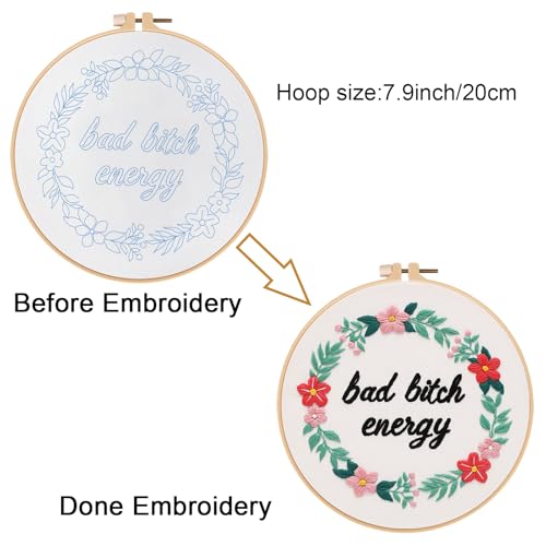Louise Maelys Funny Quote Embroidery Kit for Beginners Floral Wreath DIY - color: Pattern 23