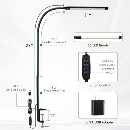 Clamp Lamp for Desk, Eye-Caring LED Clip Light for Home Office - color: Black