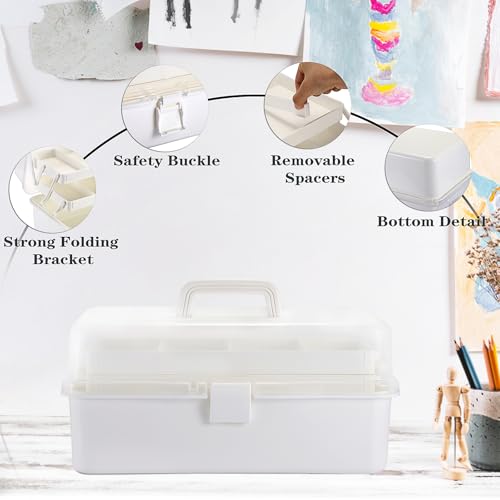 Tackle Box, 16-Inch Extra Large Art Storage Box with 3-Layer Folding Trays - color: White