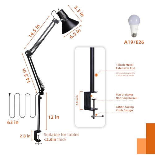 Black Desk Lamp with Clamp, Extra-Tall Adjustable Metal Swing Arm, 5000K - color: Black, size: 5000K Natural Daylight-Extra Long Swing Arm