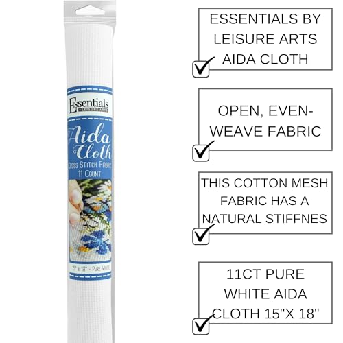 Essentials By Leisure Arts Aida Cloth, 11 Count, White, Cross Stitch Fabric, Embroidery Fabric, Cross Stitch Supplies for Crafting, Stitching, and Sewing Projects 15X18