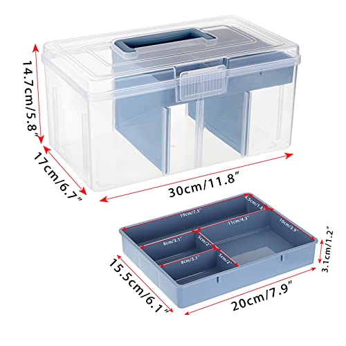 BTSKY 2 Layer Clear Plastic Dividing Storage Box with Removable Tray Multipurpose Stationery Storage Box with Handle Portable Sewing Box Art Craft Supply Organizer Home Utility Box (Big Blue) - color: Big Blue