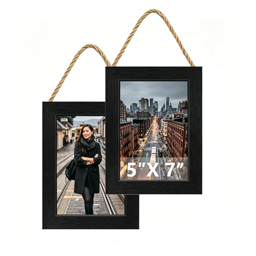 5x7 Hanging Collage Picture Frames Wall Decor,1-Opening 5x7 Rustic Wood Frame with Hemp Rope Rustic Black - color: Black, size: 5x7