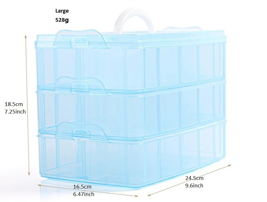 Kamay's 3-Tier Transparent Stackable Adjustable Compartment Slot Plastic Craft Storage Box Organizer Snap-Lock Tray Container 3 Sizes 4 Candy Colors Available (Large 30 Compartment, Blue) - color: Large 30 Compartment, Blue
