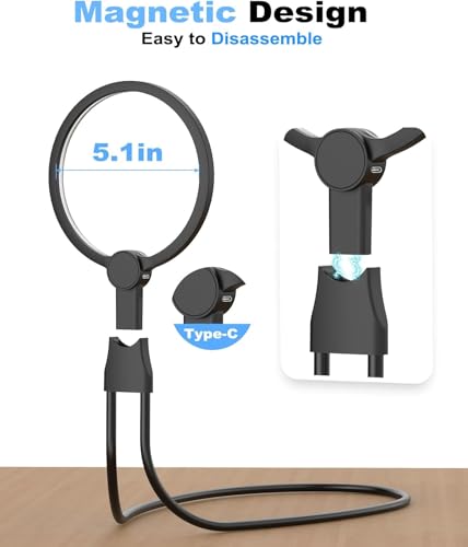 5X Hands-Free Magnifying Glass with 24 LED Lights, 5.12" Rechargeable Magnifier with Flexible Gooseneck for Neck Wear, Large Page Magnifier for Seniors Reading, Repairing, Sewing, Cross Stitch