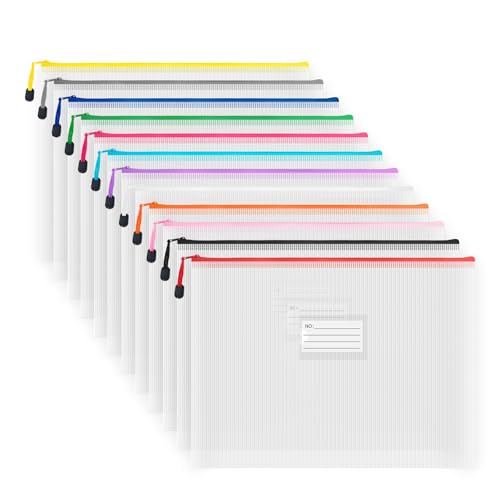 Plastic Mesh Zipper Pouch, 12Pcs Zipper File Bags with Label Pocket, Game Boards Storage Bags, Waterproof Document Storage Bags for Office Home Travel Cosmetic (B4 Size 15x11 in) - size: B4 Size 15x11 in