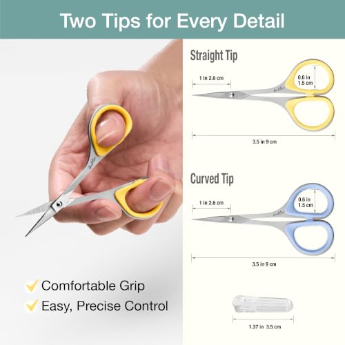 Beaditive Sewing and Embroidery Scissors Set (2 pcs) Curved and Straight, Sharp, Stainless-Steel Design | Precision Tips, Ergonomic Rubber Handle Grip | Small, Compact DIY Use (Extra Sharp) - color: Extra Sharp