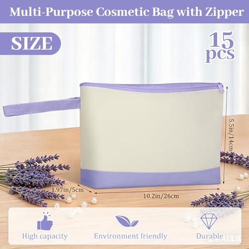 Silkfly 15 Pcs Cotton Canvas Makeup Bags Cosmetic Zipper Bags 10.2 x 5.5 x 2'' Blank DIY Pouch Bulk Pencil Case with Bottom Travel Toiletry Pouch for Women Craft Decor Gift (Beige and Light Purple) - color: Beige and Light Purple