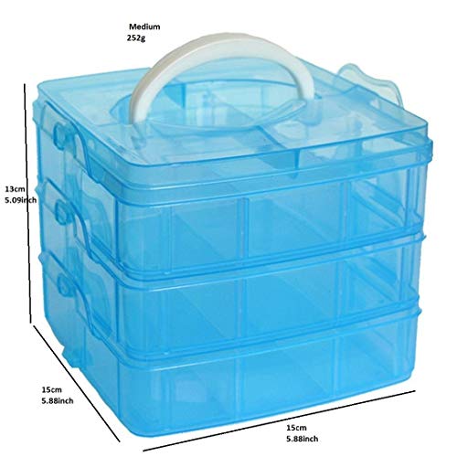 Kamay's 3-Tier Transparent Stackable Adjustable Compartment Slot Plastic Craft Storage Box Organizer Snap-Lock Tray Container 3 Sizes 4 Candy Colors Available(Medium 18 Compartment, Blue) - color: Medium 18 Compartment, Blue