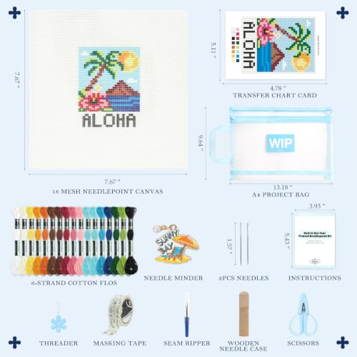 Kaitiaki 18 mesh Needlepoint Canvas Kit, 8 in Painted Canvas Set with Embroidery Floss, Needles, Guide Card, Instruction, Threader, Scissors & Project Bag for Crafter Gift(Hawaii) - color: Hawaii, size: 18 mesh