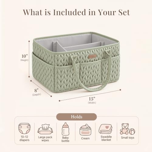 Konssy Baby Diaper Caddy Organizer, Braided Quilted Design with PU Handles - color: Fog Green