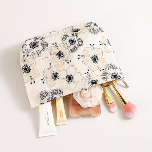 Embroidery Craft Makeup Bag with Zipper Floral Makeup Pouch 10×7 Inch - color: White and Black Flower