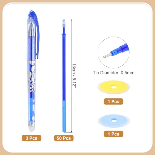 PATIKIL 3Pack Erasable Gel Pens with 50 Refills & 2 Erasers, 0.5mm Heat Erasable Pens for Fabric Blue Ink Fabric Markers for Sewing Quilting Planner Writing - color: Blue
