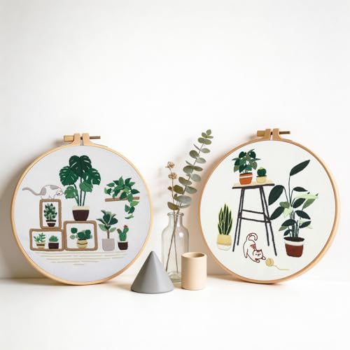 spicssa 2 PCS Embroidery Kit for Beginners, Hand Needlepoint Kits for Adults with Pre-Stamped Patterns, 7.8-Inch Hoop, Threads & Needles, Step by Step Instructions - color: green plants A