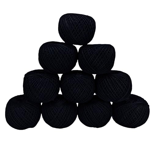 KGS Crochet Thread Cotton Yarn Balls | Size 8 | 10 Balls | 10 Grams Each Ball | Total 100 Grams of Pearl Cotton Thread for Crocheting, Cross Stitch, Needlepoint Hand Embroidery (Black) - color: Black