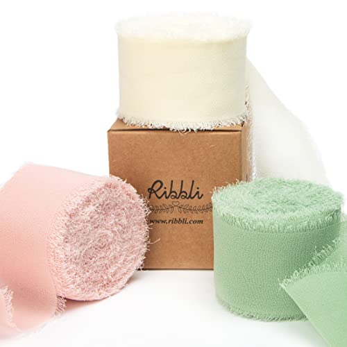 Ribbli Chiffon Ribbon 1.5 inch x 30 Yard Handmade Silk Ribbon, Ivory/Blush Pink/Sage Green Fringe Chiffon Ribbon for Wedding Invitations, Bridal Bouquets Wrapping, Flower Arrangement Decoration - color: Ivory/Blush Pink/Sage Green